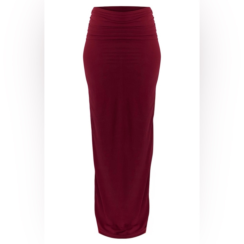 PrettyLittleThing Burgundy Deep Red Stretch Ruched Maxi Skirt US 2 - Picture 2 of 5